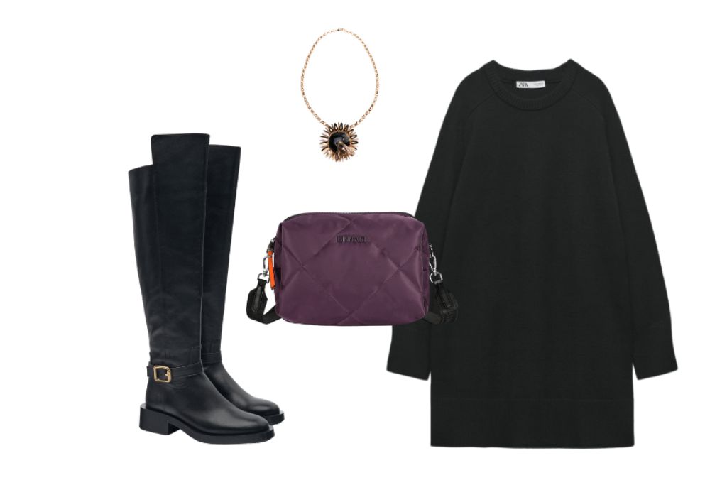 Look total black con bolso bandolera Gaia de Binnari.