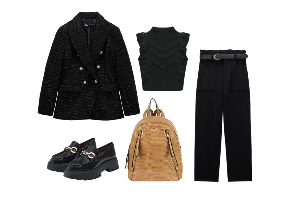 Look total black con bolsos de colores como el mochila Rea de Binnari.