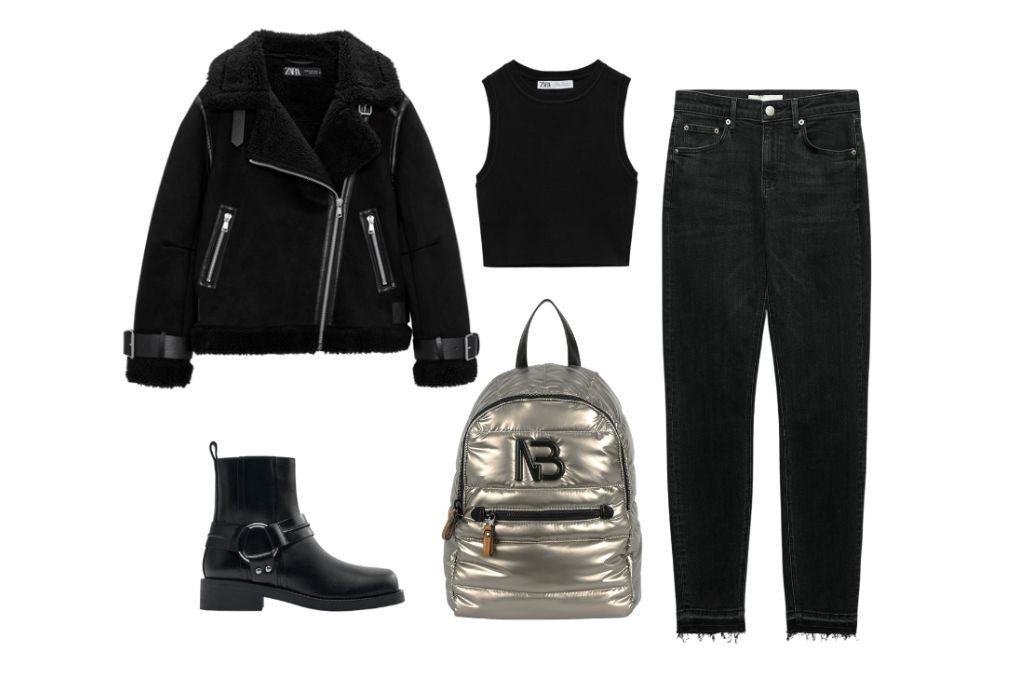 Look total black con bolsos de colores como el mochila Vesta de Binnari.