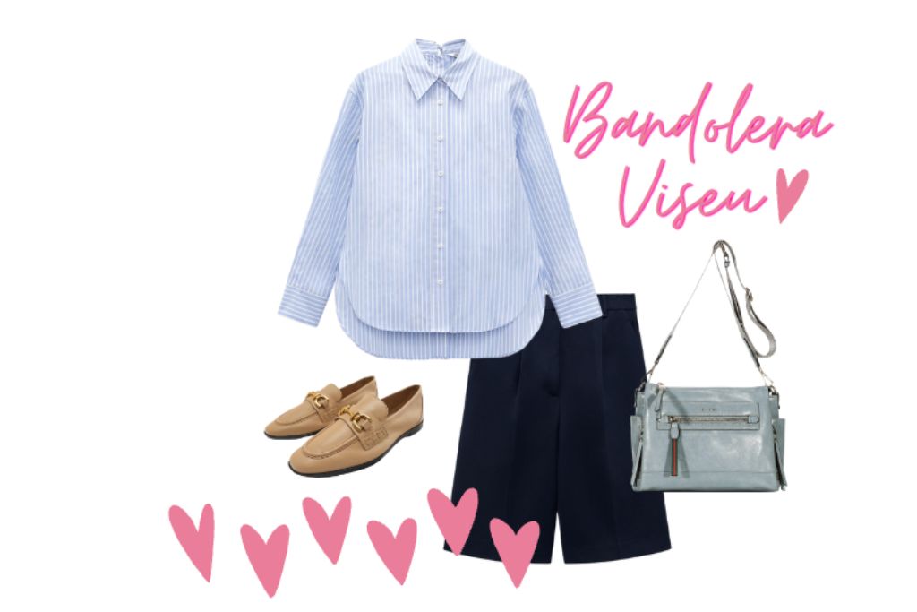 Outfit de ejemplo para combinar con la bandolera Viseu de Binnari en este San Valentín 2023.
