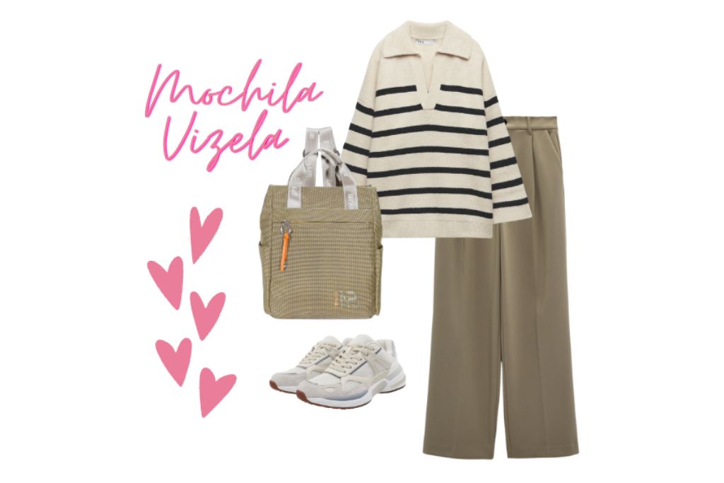 Outfit de ejemplo para combinar con la mochila Vizela de Binnari en este San Valentín 2023.