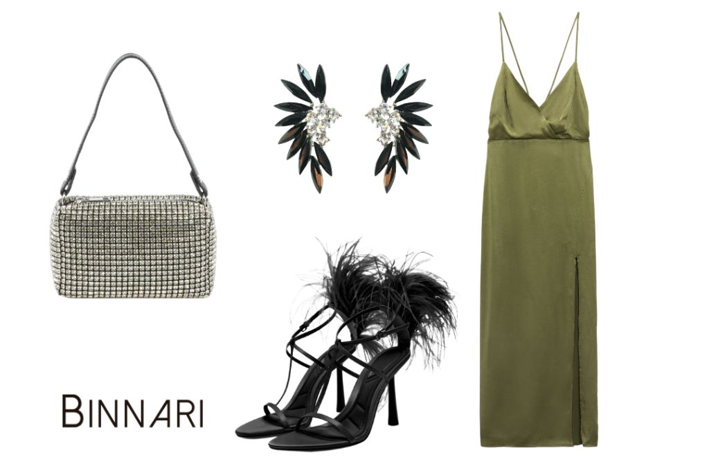 Bolso de invitada perfecta Binnari para vestido verde y complementos.