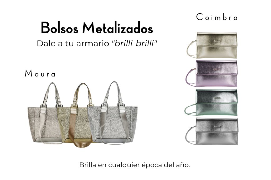 Dos modelos de bolsos metalizados de Binnari como ejemplo de tendencia de bolsos primavera verano 2023.