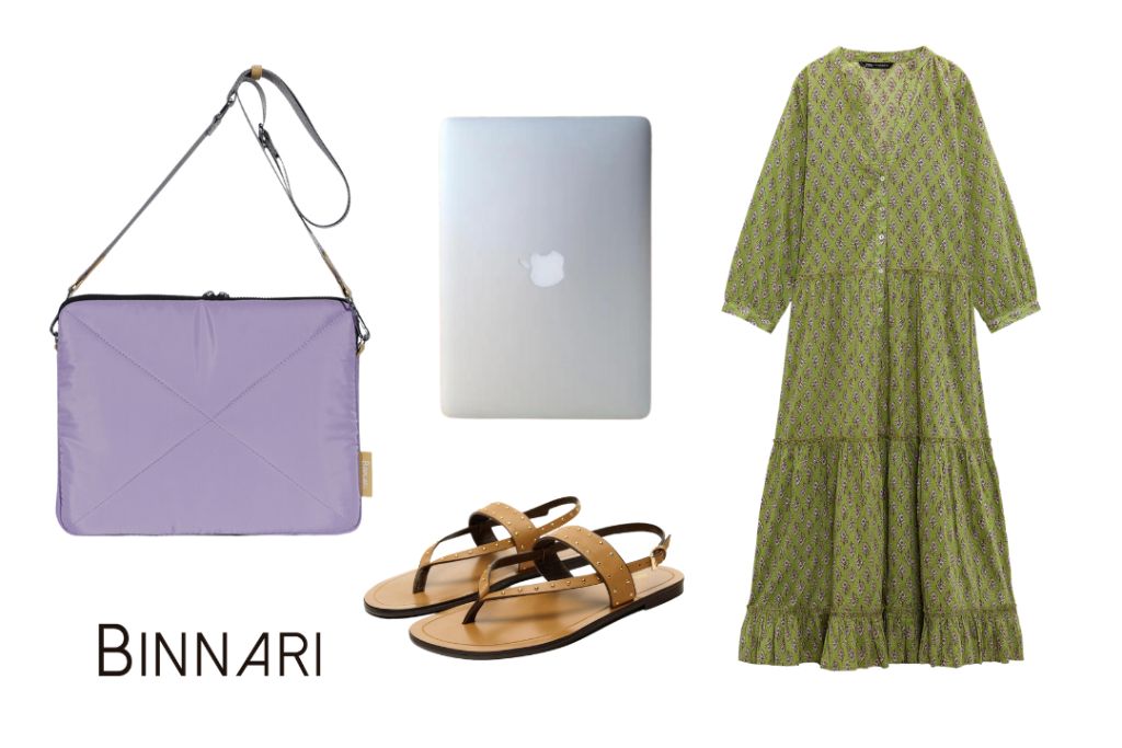 Outfit con bolsos de nylon, vestido y sandalias planas.