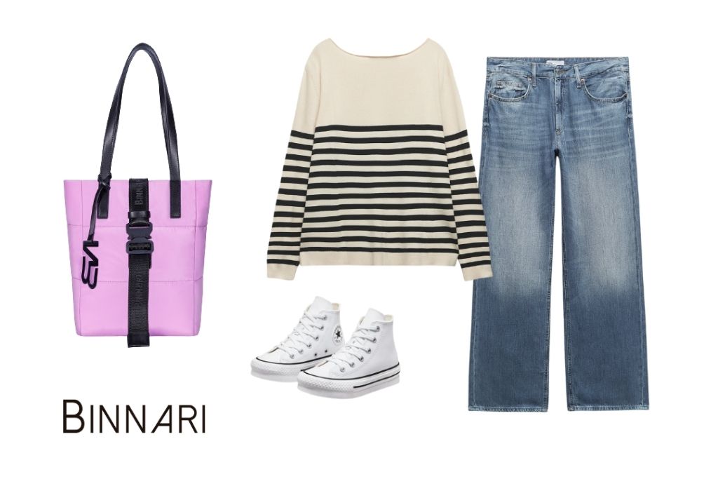 Outfit con bolsos de nylon, vaqueros, jersey y converse.