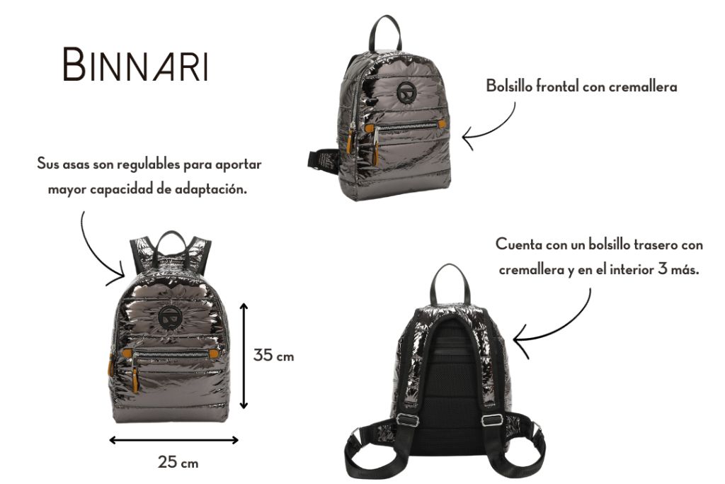 Especificaciones y características de la mochila Prudenza de Binnari.