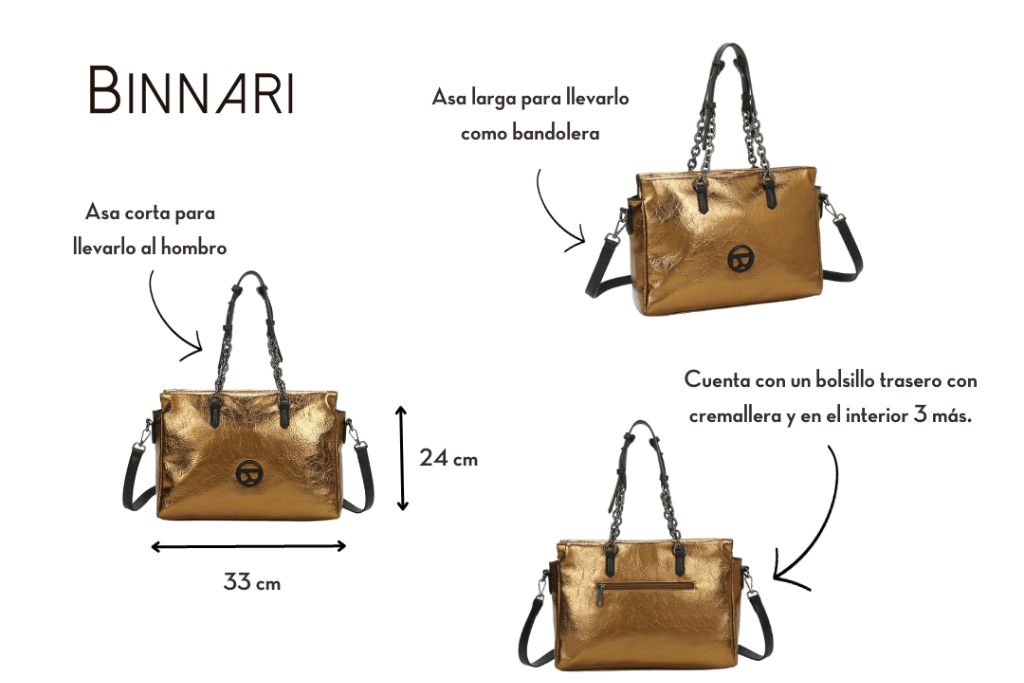 Especificaciones y características del bolso dos asas Camelia de Binnari.