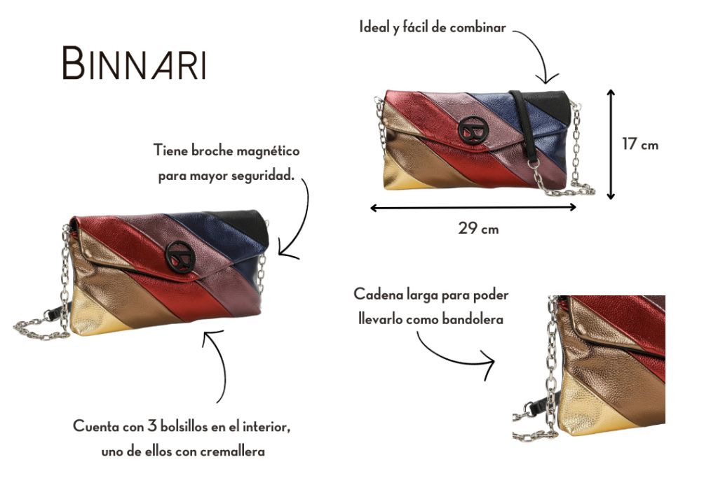 Especificaciones y características de la cartera solapa Prudenza de Binnari.