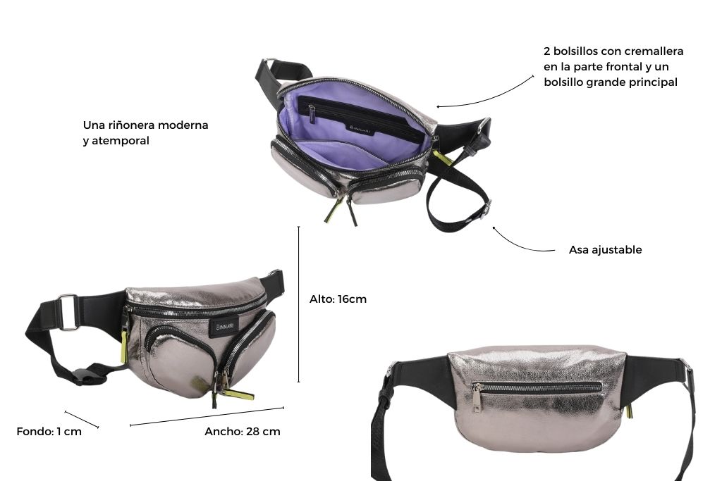 Características de la riñonera metalizada Thea de Binnari.