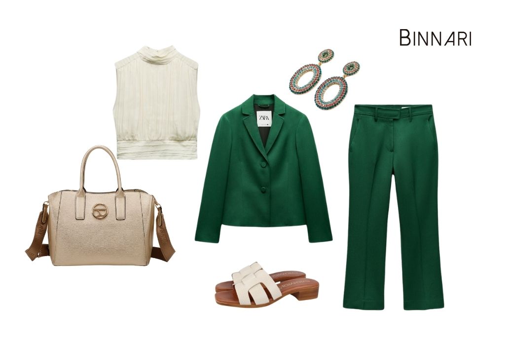 Outfit 4 con bolsos metalizados para primavera, en este caso, el bolso dos asas metalizado Elsa de Binnari.