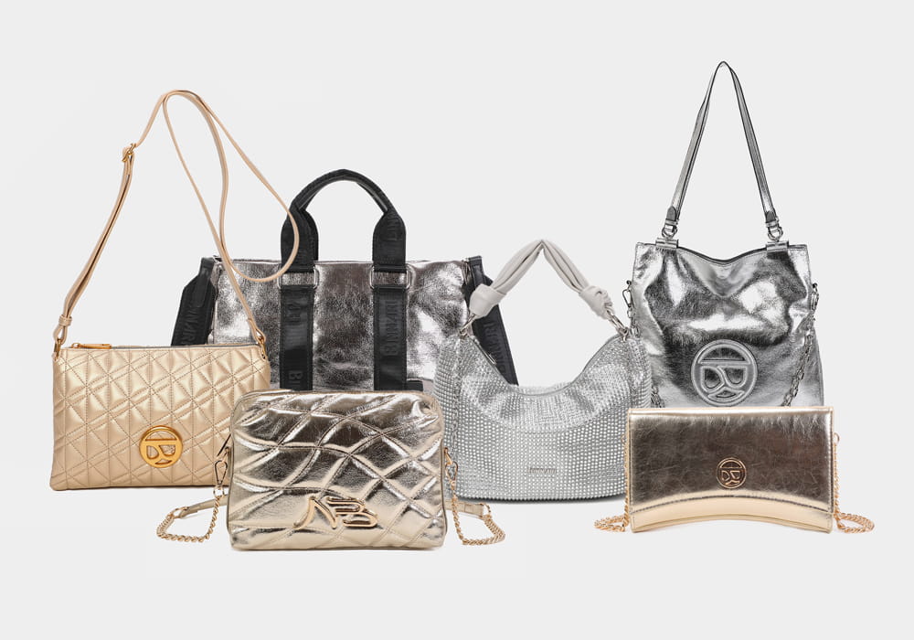 Collage de bolsos metalizados de la nueva colección "Getaway" de Binnari.