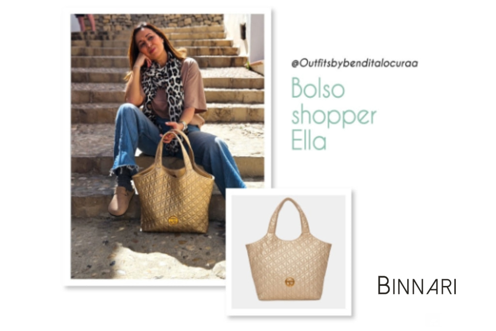 Influencer y uno de los bolsos metalizados destacados en este post, el shopper Ella.