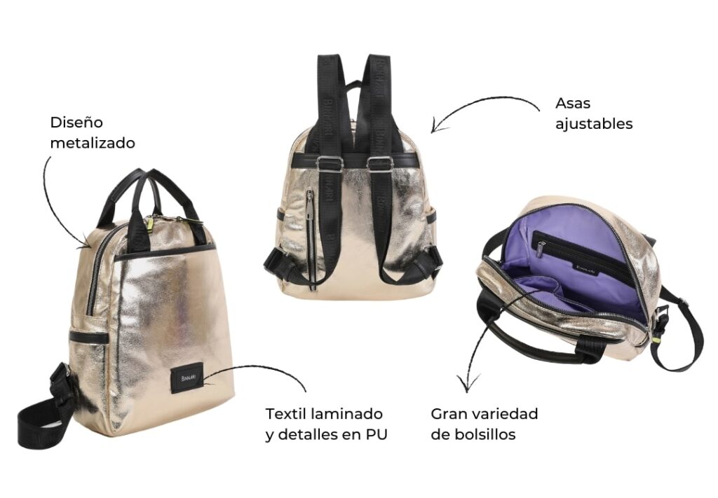 Características de la mochila de moda para mujer de la colección Thea (Binnari).