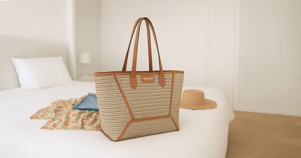 Bolso de rafia Binnari sobre cama con sábanas blancas en habitación de estilo minimalista.
