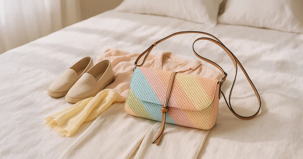 Bolso de rafia para el verano colección Narcea en formato bandolera sobre cama con elementos de lino y veraniegos.
