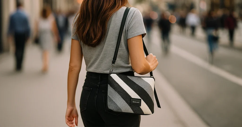 Mujer portando uno de los bolsos de rafia para el verano de Binnari en una calle del centro urbano.