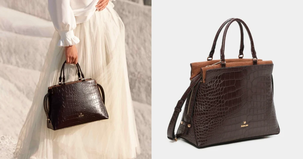 Bolso marrón con textura efecto cocodrilo y doble asa, perfecto para looks sofisticados de temporada; una propuesta elegante dentro de los bolsos otoño-invierno, mostrado en modelo y vista de producto