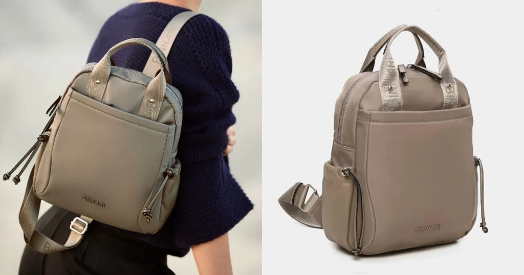 Mochila beige de diseño minimalista con asas superiores y correas ajustables, mostrada en la espalda de una mujer con jersey azul y en vista de producto sobre fondo blanco.