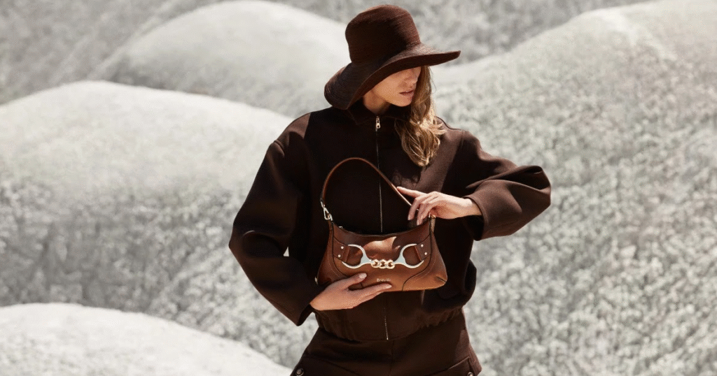 Mujer vestida en tonos oscuros con sombrero de ala ancha, posando en un paisaje de montañas claras mientras sostiene un bolso marrón con herrajes dorados, ideal para looks de bolsos otoño-invierno.