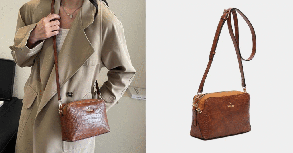 Bolso marrón estilo bandolera con textura de piel y correa ajustable, ideal para looks de entretiempo y bolsos otoño-invierno; mostrado tanto en modelo como en vista de producto.