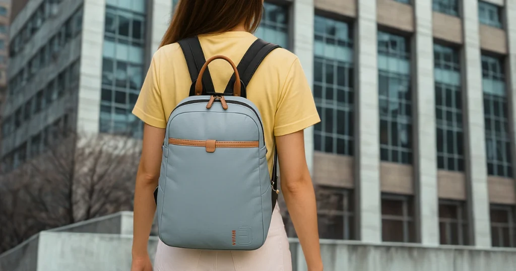 Woman in front of her university's multipurpose building with a Binnari backpack on her return to routine.