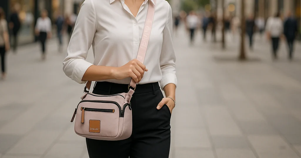 Woman wearing apparent office attire with one of Binnari's office bag models.