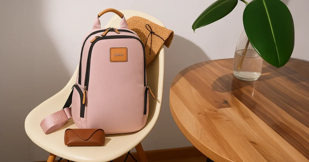 A Binnari backpack on a chair in a waiting room. An example of one of the accessories or office bags for returning to the daily routine.