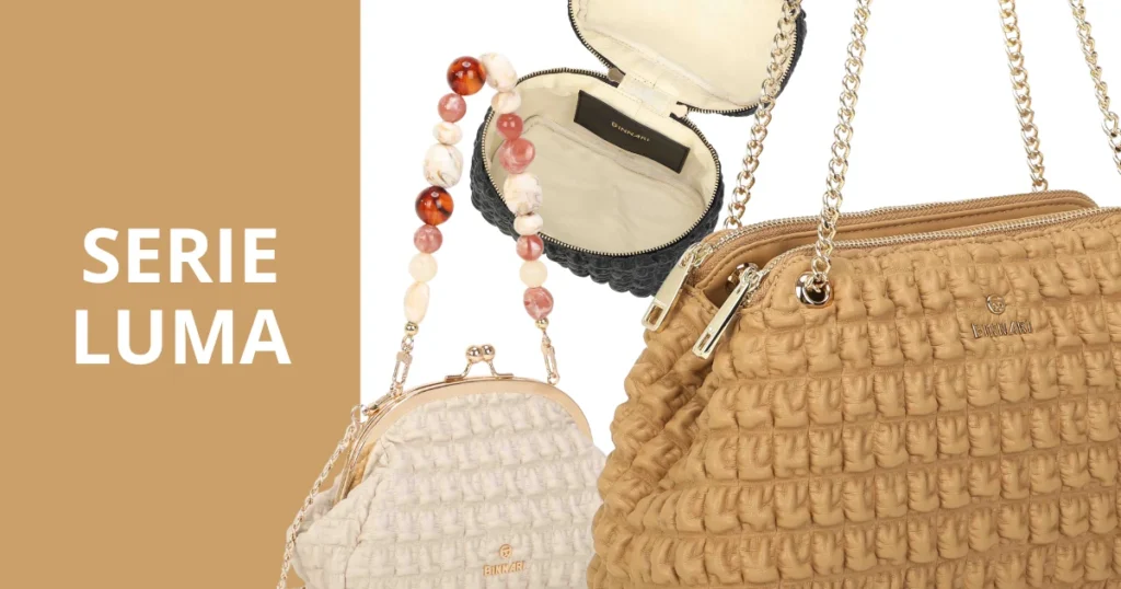 Colección de bolsos Serie Luma de Binnari en colores crema y camel con texturas acolchadas y asas de eslabones o cuentas.