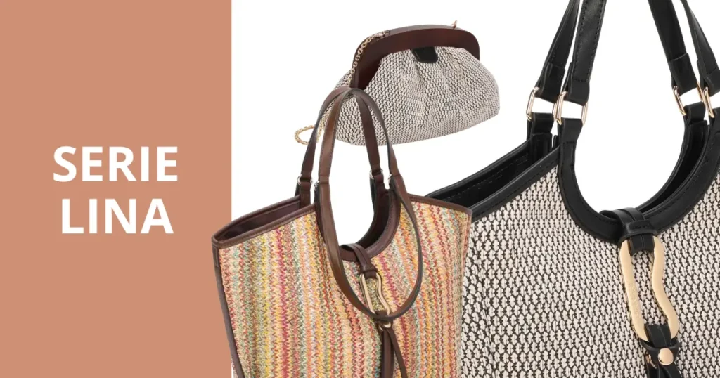 Uno de los mejores bolsos de invitada boda para 2026: Serie Lina de Binnari con acabados tipo rafia y trenzados naturales, ideales para bodas de día o eventos de verano.