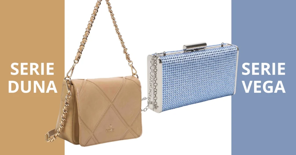 Bolsos de invitada boda de Binnari: Serie Duna en color beige con grabado geométrico y Serie Vega de mano de estilo atemporal.