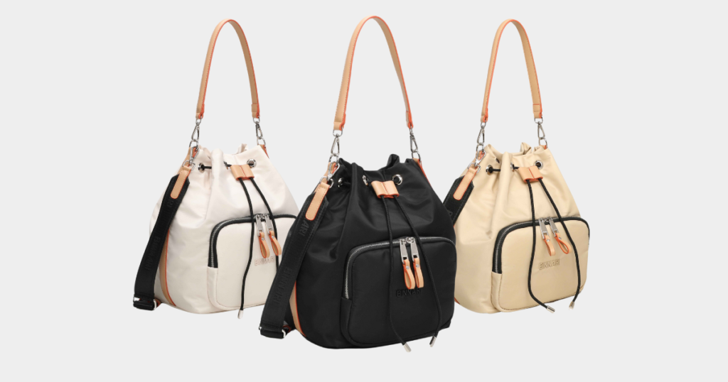 Diferentes modelos de bolsos cubo de Binnari en color beige, hielo y negro.