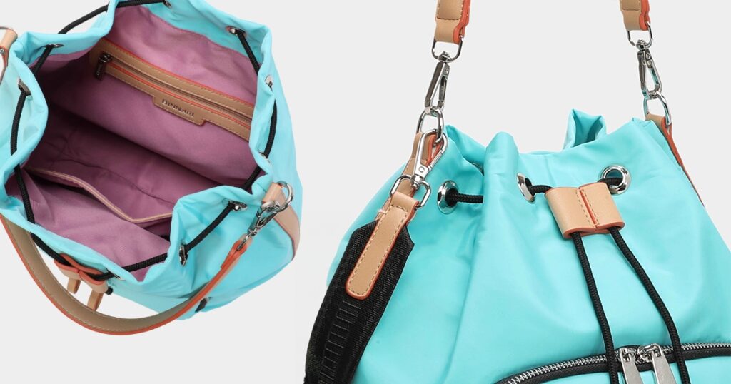 Imagen en primer plano e interior del bolso bucket Pisuerga.