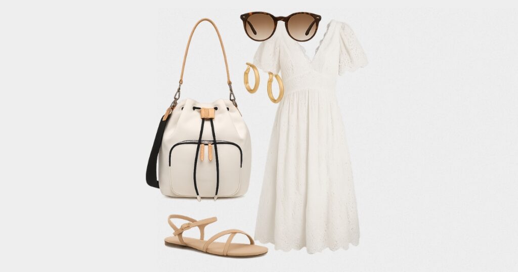 Look minimalista, combina un bucket bag en tonos neutros con prendas de líneas limpias y colores sólidos.