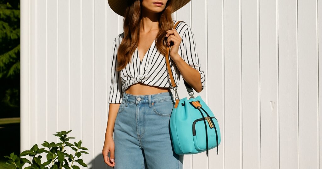 Modelo posando con bolso bucket Pisuerga, una pamela, una camisa anudada de rayas y unos vaqueros.