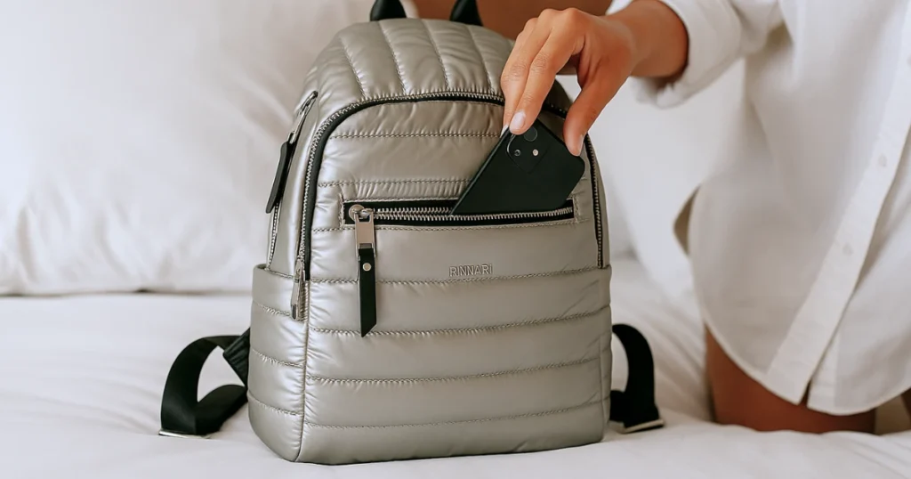 A woman inserts her mobile phone into the Torrens anti-theft backpack.