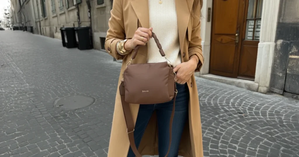 Trench camel y bandolera de nylon terral para un look de oficina pulido.