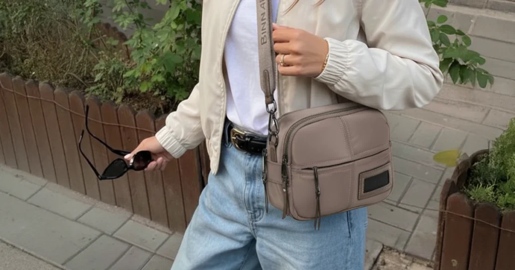 Bomber en tono claro con bolso bandolera de nylon oscuro para looks urbanos sin esfuerzos.