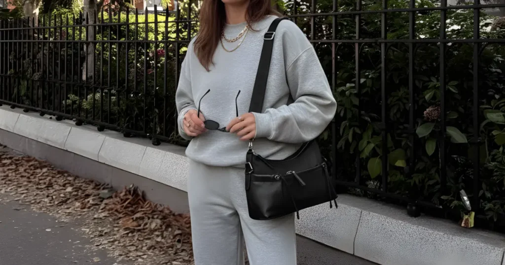 Total look con chándal premium gris y bolso bandolera de nylon para un outfit con toque “tendencia”
