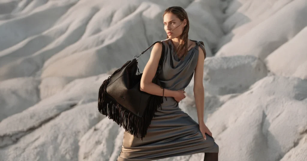 Mujer posando sobre fondo de montañas de piedra, con Bolso boho chic de flecos y de hombro Kate en negro de Binnari.