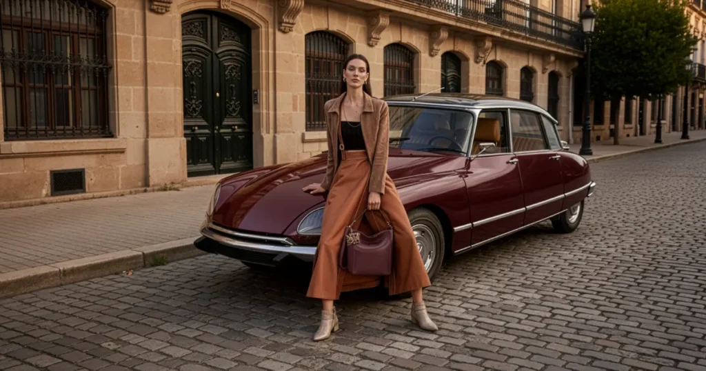 Modelo sobre coche antiguo agarrando un bolso boho chic de antelina y de hombro Glen de la colección de otoño de Binnari.