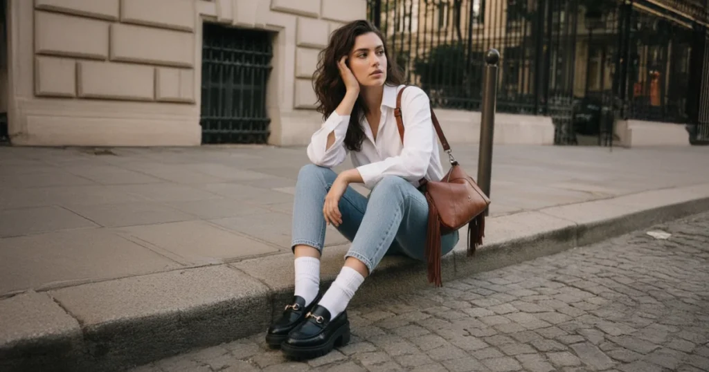 Modelo con oufit: Denim + camisa blanca + KATE terral → boho limpio y fresco.