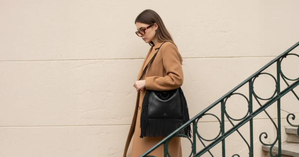 Modelo con outfit: Abrigo camel + KATE negro → western sutil con botín