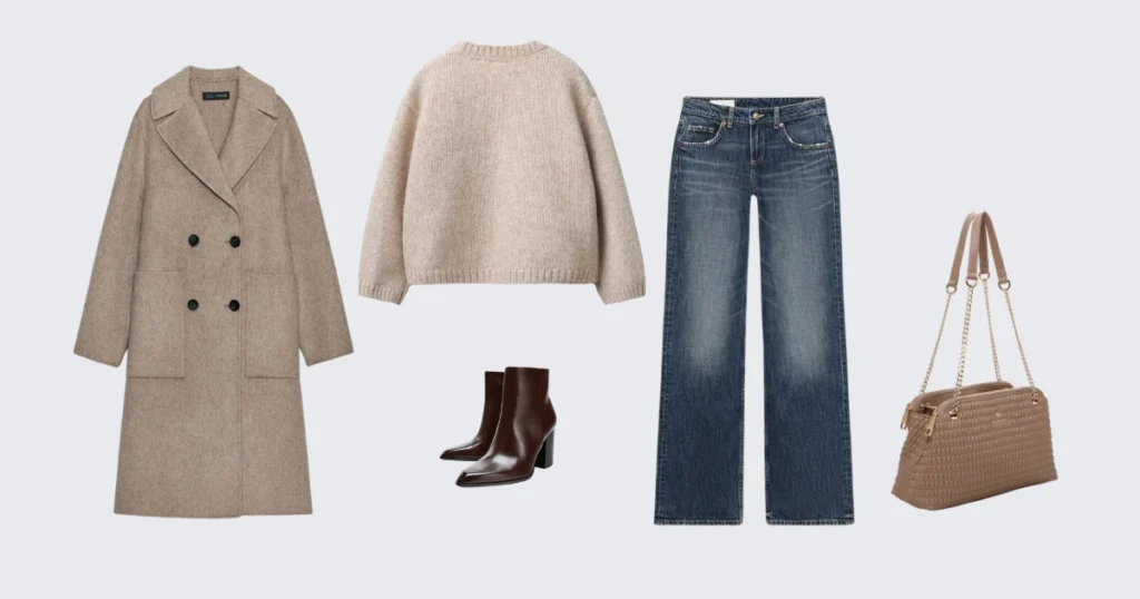 Raw wool jumper, dark straight-leg jeans, leather ankle boots and camel coat with Patti crossbody bag by Binnari.