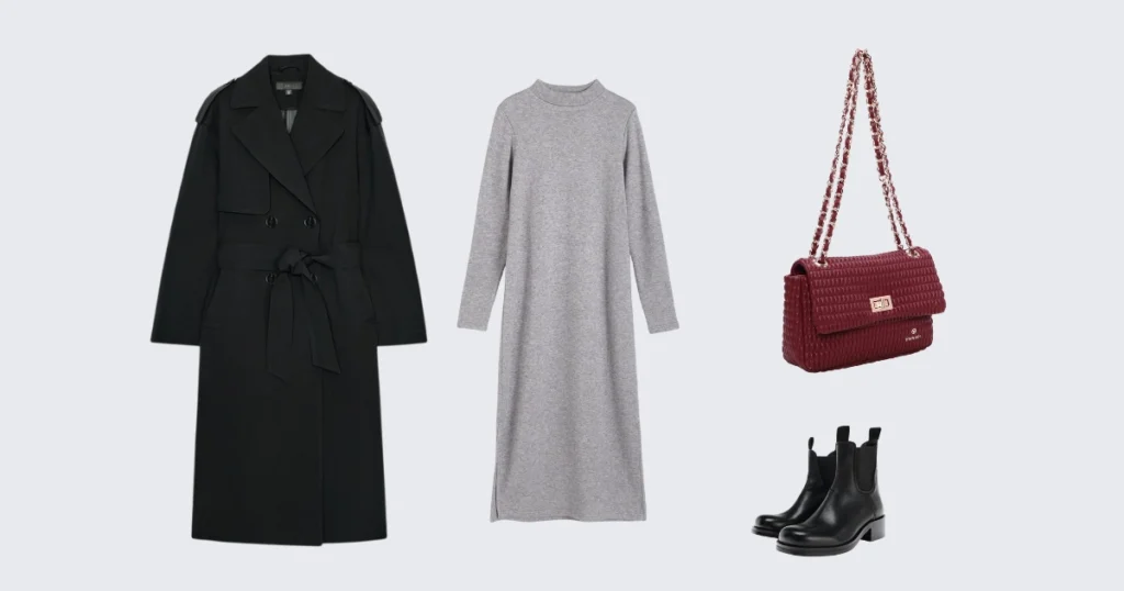 Grey or black knitted midi dress, thick tights, ballet flats or low ankle boots, and a trench coat or light coat with a Patti Hobo bag by Binnari.