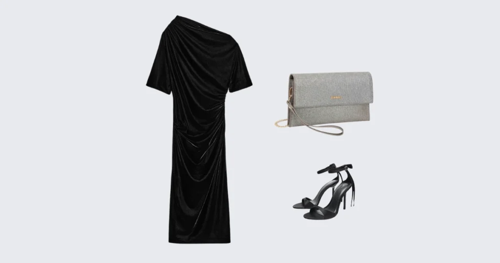 A black velvet dress or satin jumpsuit, heeled sandals or court shoes, and a tailored coat with a Ruzi clutch.