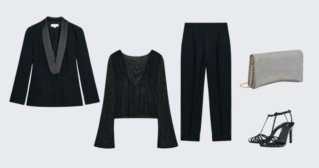 A black suit (blazer + trousers), a plain top, comfortable heels and a long tailored coat with a Ruzi shoulder bag.