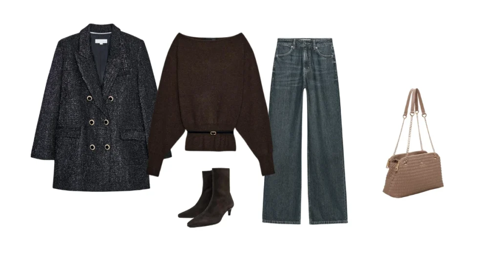 Fine knit look, blazer and Patti shoulder bag.