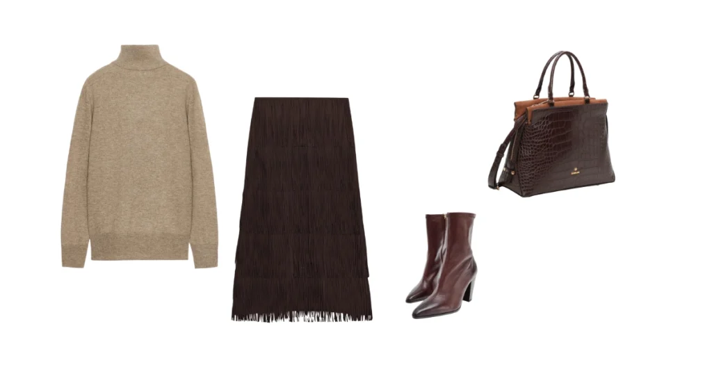 Look: high-neck jumper, midi skirt and Mandy handbag on sale.