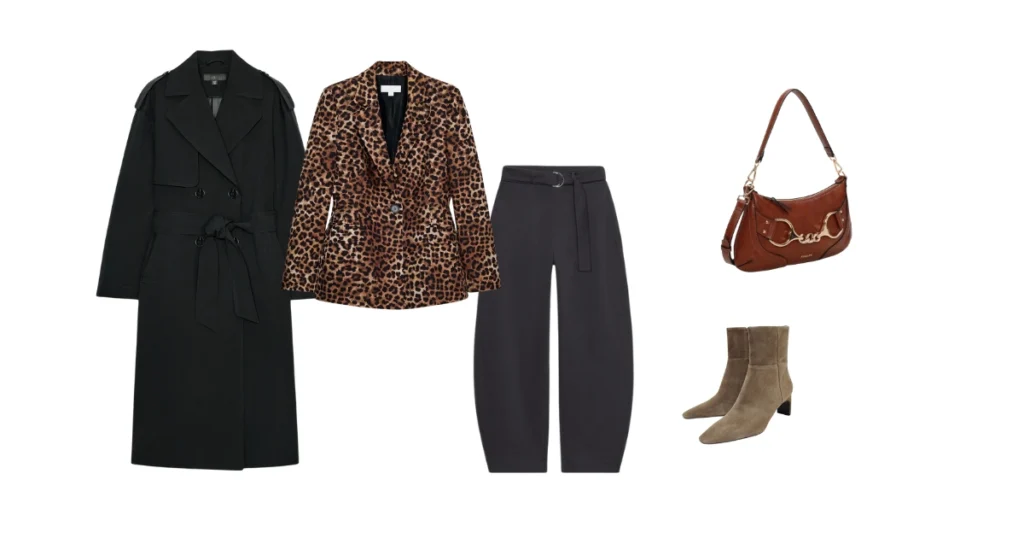 Lightweight trench coat look and small Fanny shoulder bag on sale.